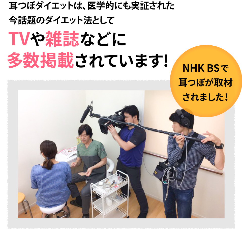 耳つぼダイエットは医学的にも実証された今話題のダイエット方法としてTVや雑誌などに多数掲載されています